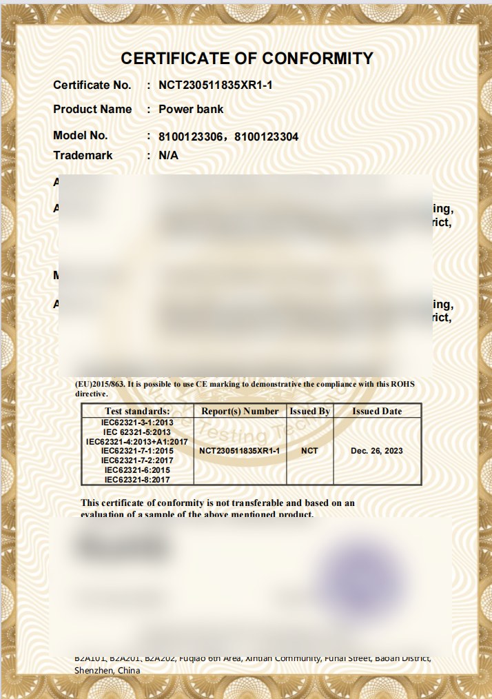 RoHS Certificate certificate